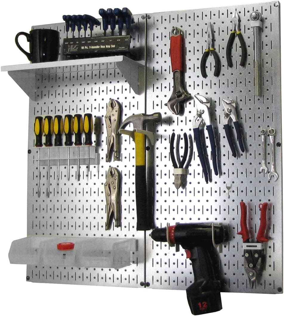 Wall Control Metal Pegboard Organizer Kit with Metallic Tool Board and White Accessories