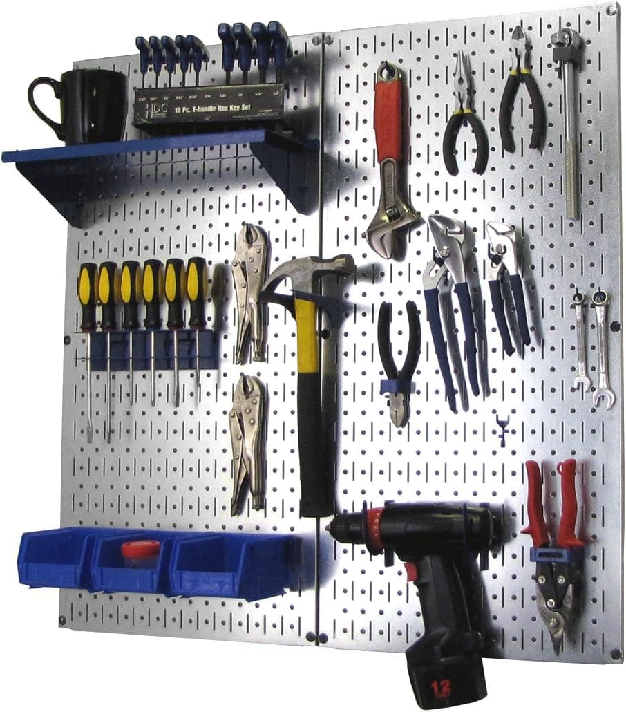 Wall Control Metal Pegboard Organizer Kit with Metallic Tool Board and Blue Accessories