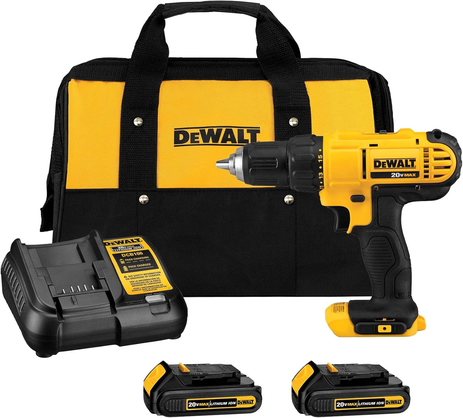 DEWALT 20V Max Cordless Drill Driver Set, 2 Speed, Includes 2 XR 1.3Ah Li-Ion Batteries, Charger and Contractor Bag (DCD771C2)