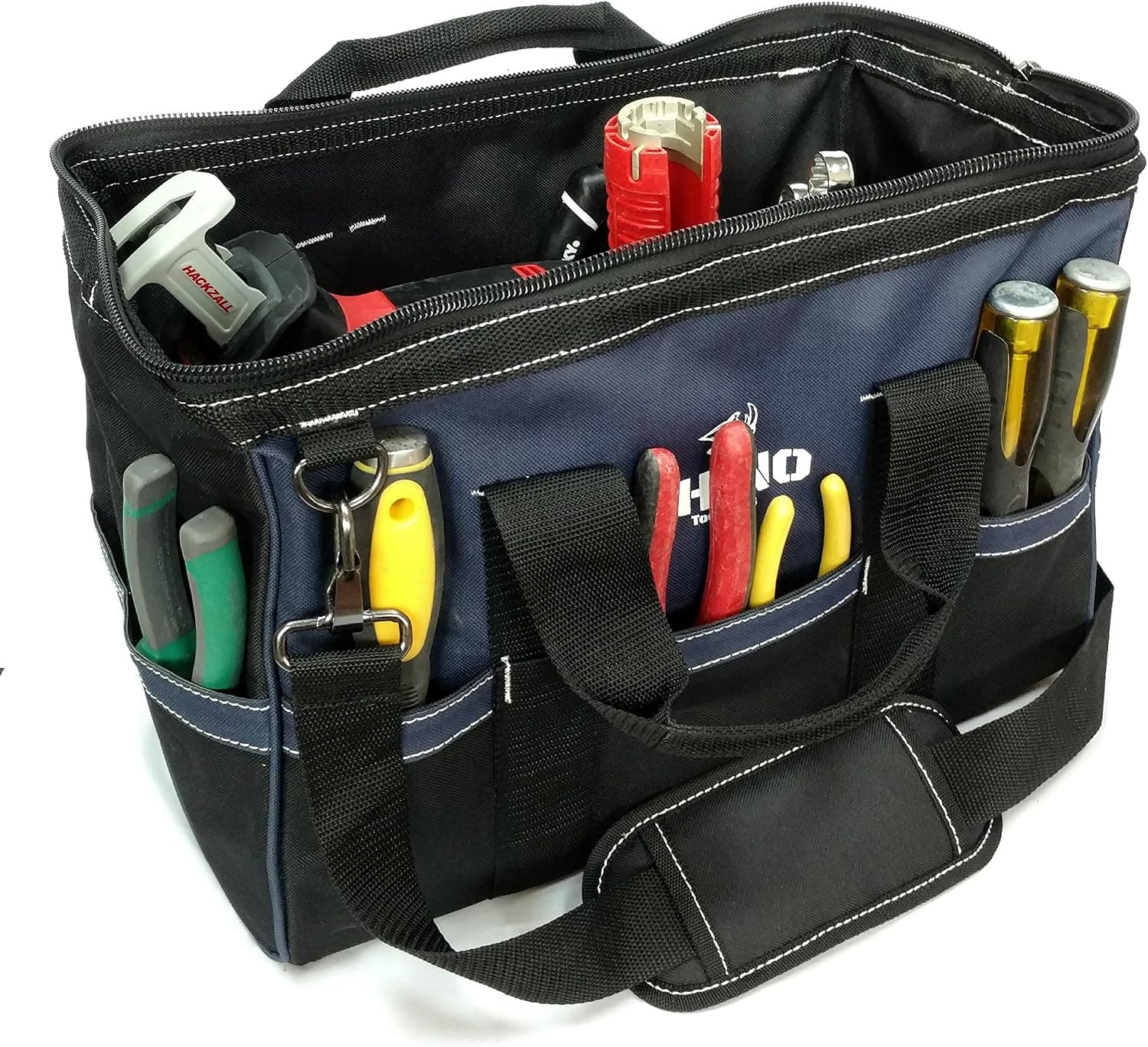 Rhino 16 inch Heavy Duty Wide Mouth Contractor Tool Bag with Back-saver Padded Shoulder Strap