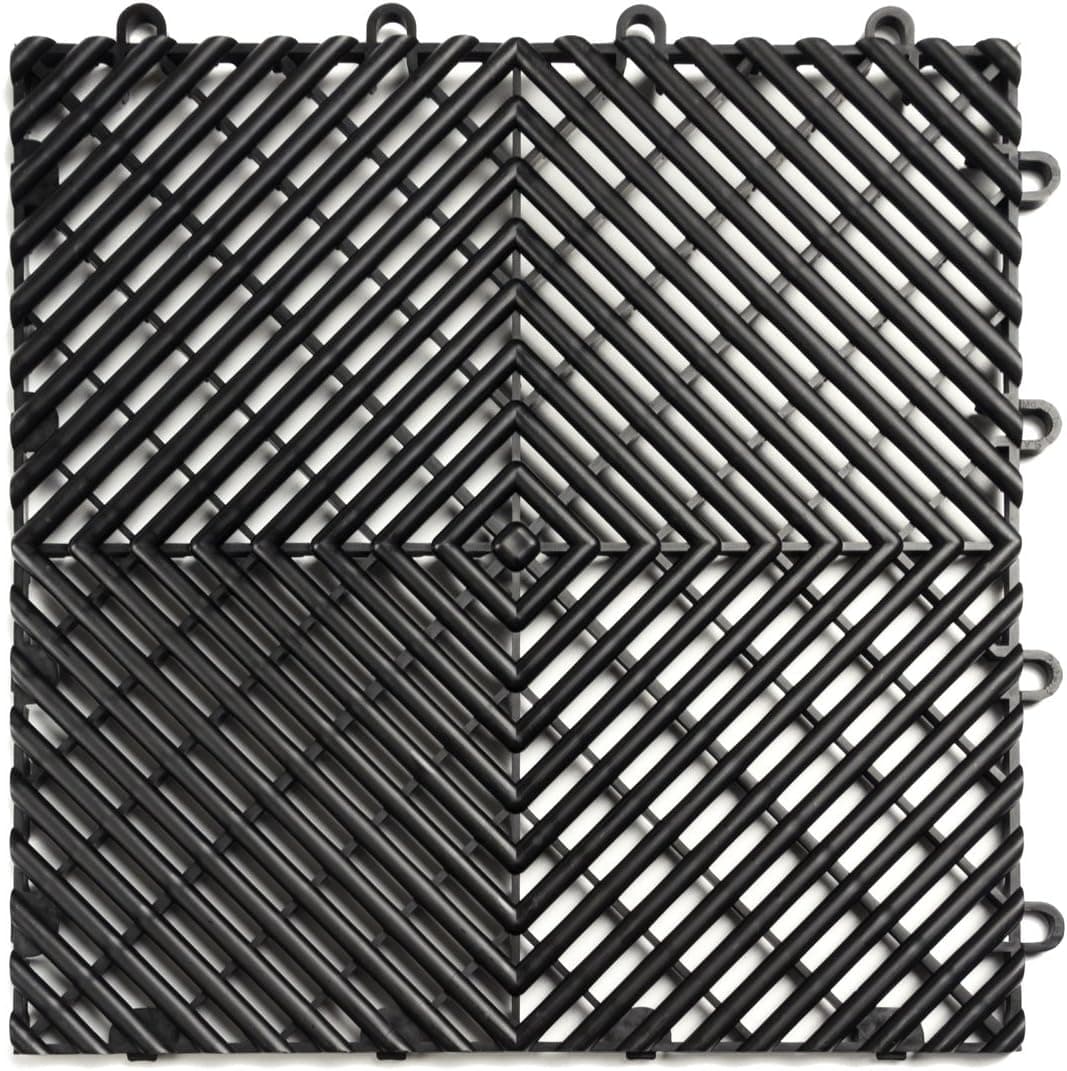 Big Floors RaceDeck Garage Floor Tiles, Free-Flow Self-Draining Non-Slip Heavy-Duty Copolymer (Black, 12 Pack of 12 x 12 Tiles)