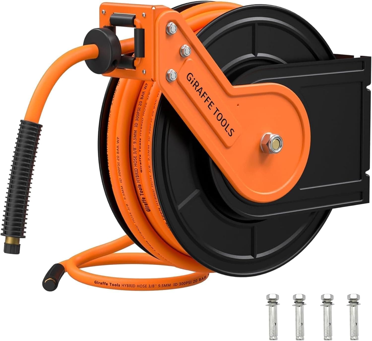 Giraffe Tools Retractable Air Hose Reel, 3/8 in. Hybrid Hose, Auto Rewind 300PSI, Heavy Duty Steel, Wall Mount, 50ft