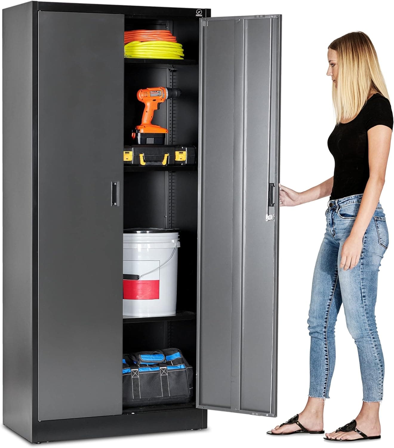 Fedmax Heavy Duty Metal Garage Storage Cabinet, 71-inch Tall Steel Utility Locker, Locking Doors, Black and Silver