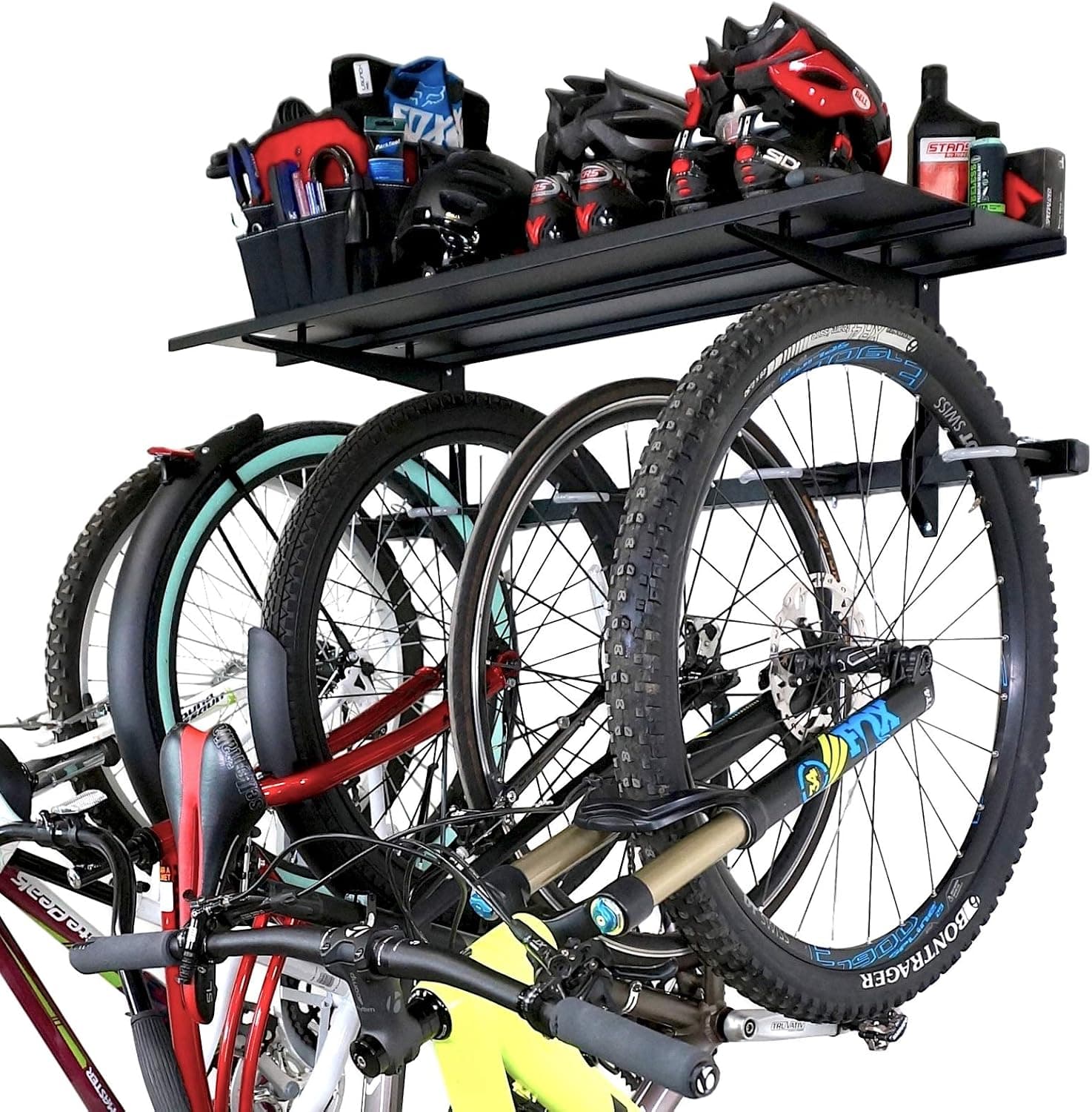 StoreYourBoard Bike Storage Rack with Shelf - Heavy Duty Garage Bike Storage Rack for 5 Bicycles, Adjustable Vertical Bike Rack, Shelf for Helmets & Gear, Holds 300 lbs