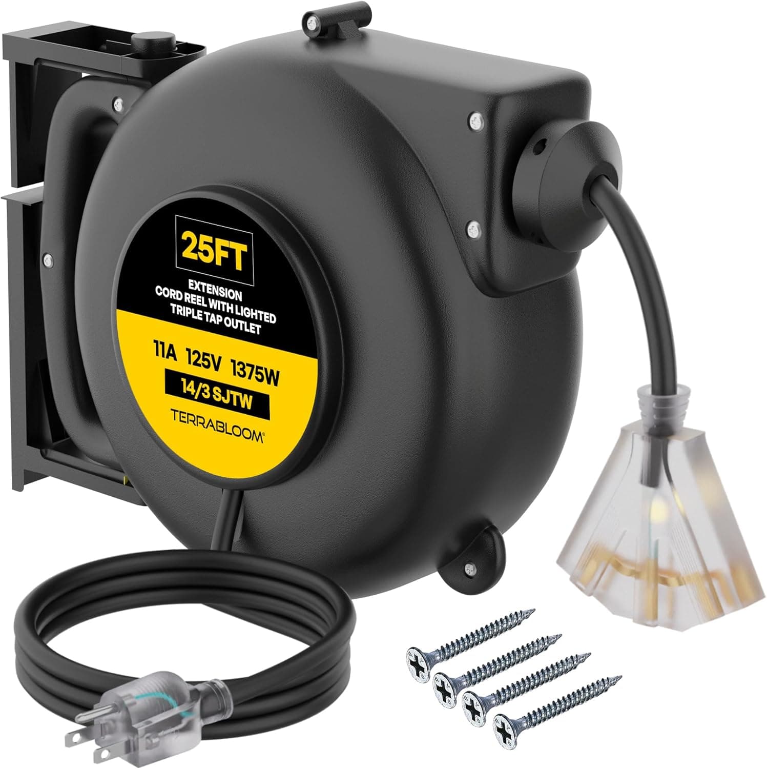 TerraBloom Retractable Extension Cord Reel with Light Indicator, 14/3 Cord Reel 45 ft, Triple Outlet, Wall Mounted, UL Listed 11 Amp 125V 1750W