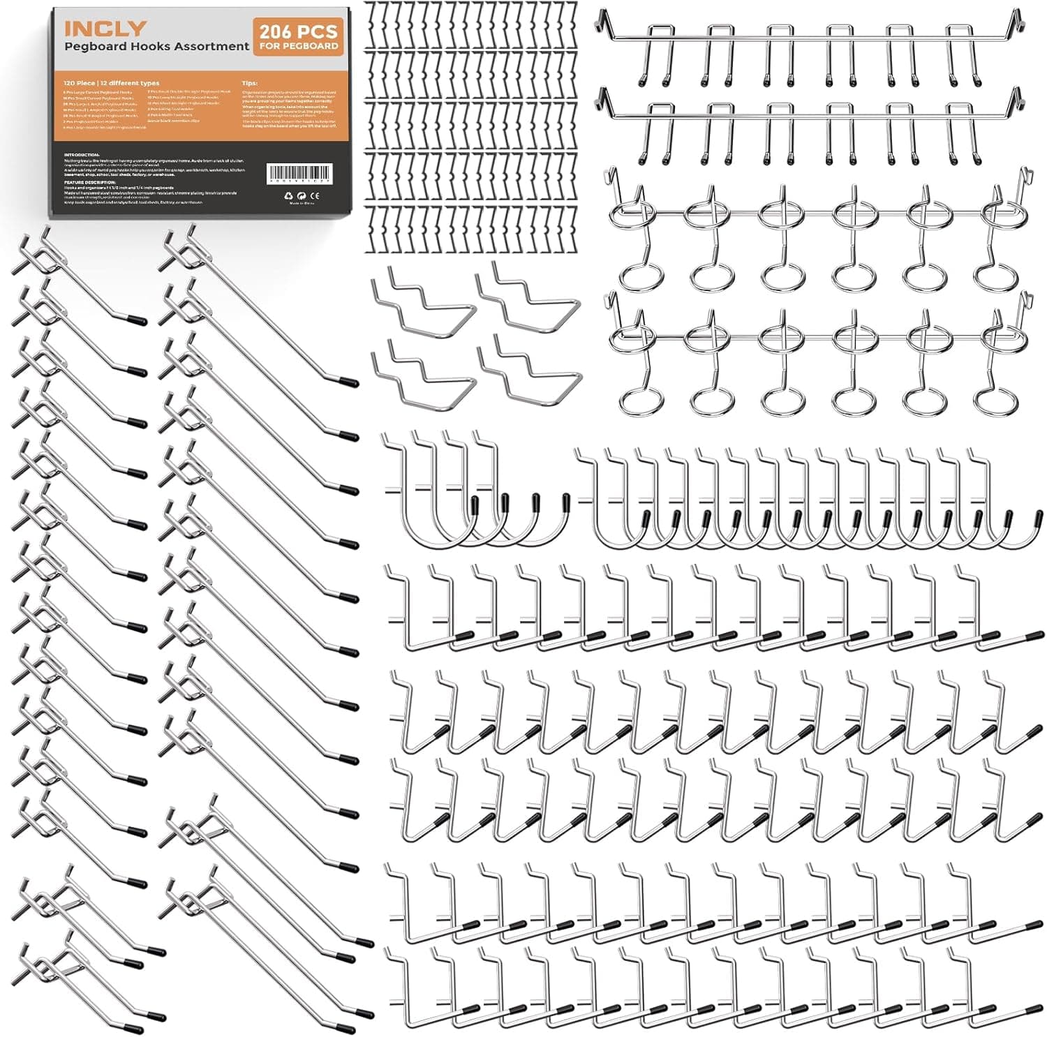 INCLY Pegboard Hooks Set for Hanging Tools, 206PCS Heavy Duty Peg Hook Hanger & Holder Fit 1/4 1/8 Inch Pegboard for Craft Garage Organizer Bins