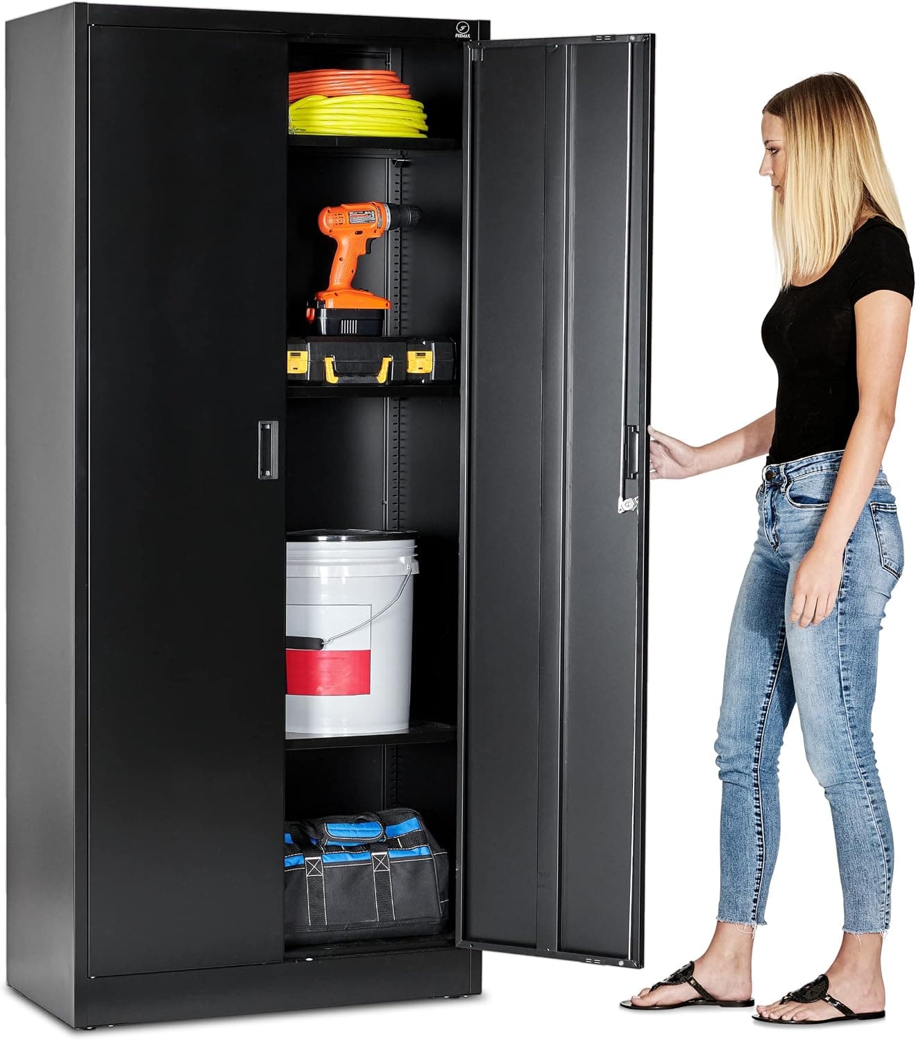 Fedmax Metal Garage Storage Cabinet, 71-inch Tall Steel Utility Locker, Adjustable Shelves & Locking Doors, Black