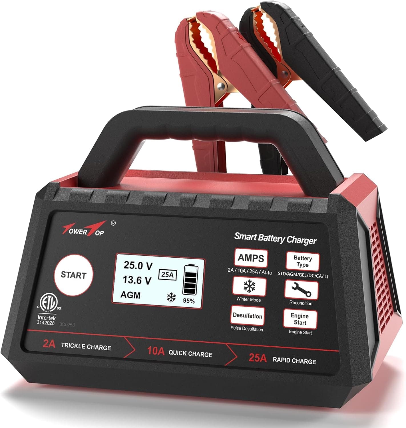 TowerTop 2/10/25 Amp 12V Smart Car Battery Charger, Fully Automatic Battery Maintainer with Engine Start, Auto Desulfator, Battery Repair, Winter Mode