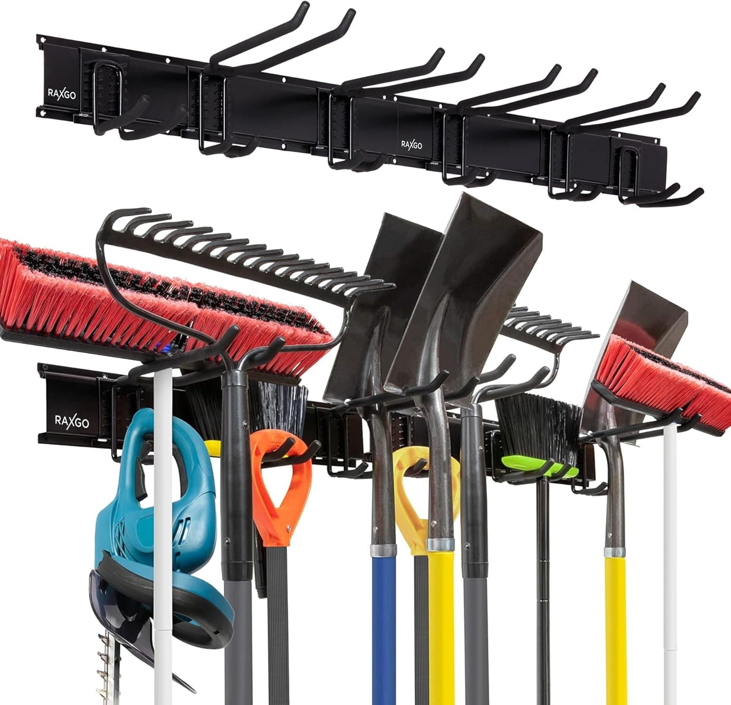 Tool Storage Rack, 8 Piece Garage Organizer, Metal, Wall Mounted, Holder for Broom, Mop, Rake, Shovel & Tools