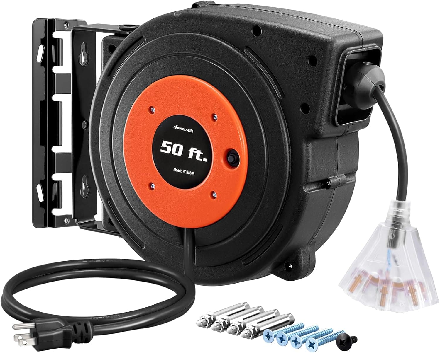 DEWENWILS Retractable Extension Cord Reel, 50 FT Heavy Duty 14AWG/3C SJTOW, 3 Grounded Outlets Lighted Triple Tap, 13 Amp Circuit Breaker, UL Listed