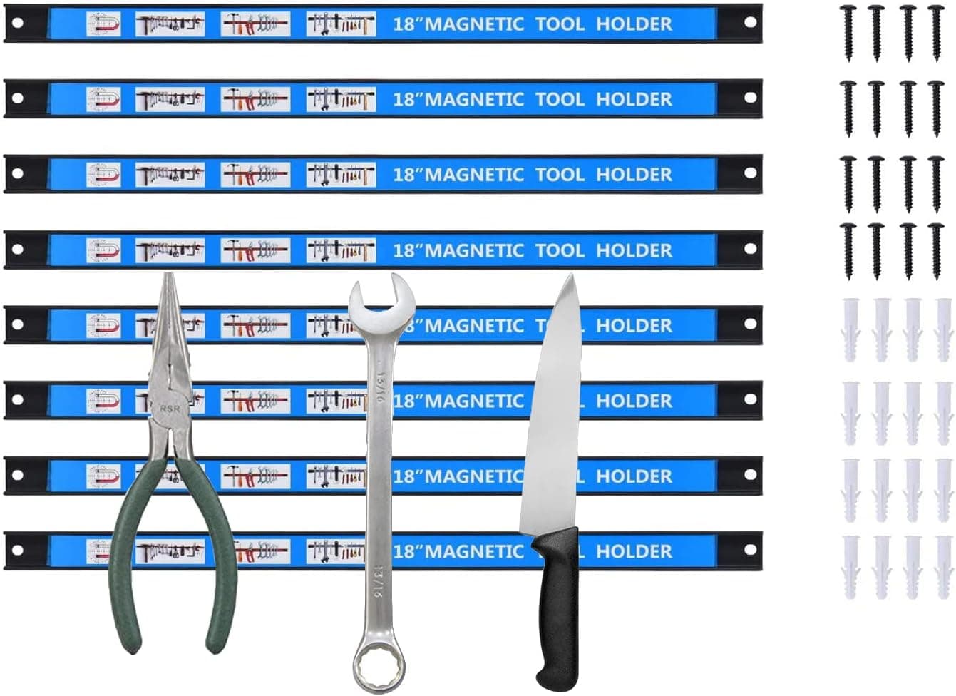 CooFel Magnetic Tool Holder 18 Inch 8 Pack Heavy Duty Magnet Tool Bar Strip Rack Wall Mount Blue