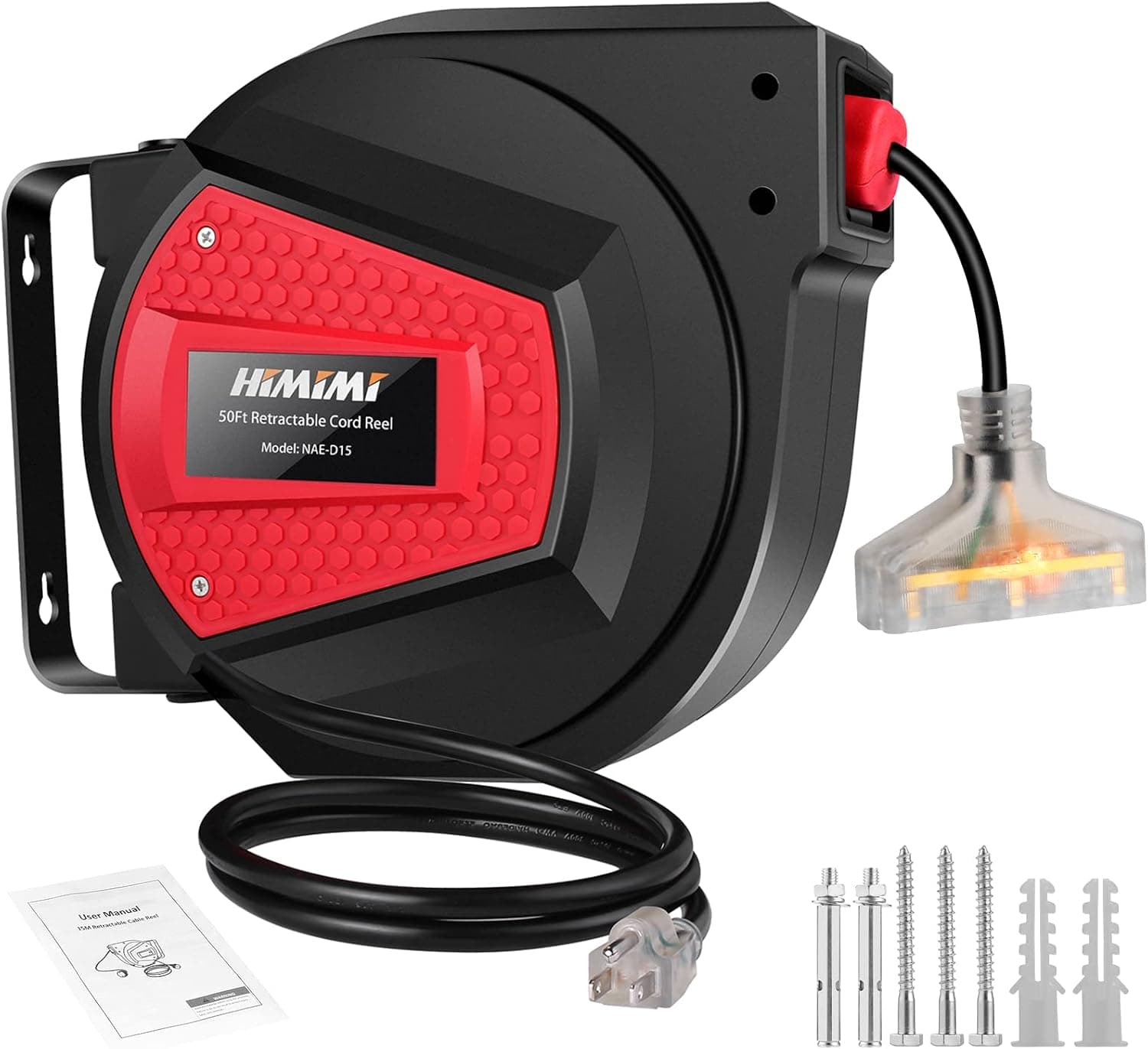 Himimi Retractable Extension Cord Reel, 50FT 14AWG/3C Power Cord Reel for Garage Workshop, Wall/Ceiling Mounted, 3-Lighted Triple Outlets, UL Listed, 13A Circuit Breaker