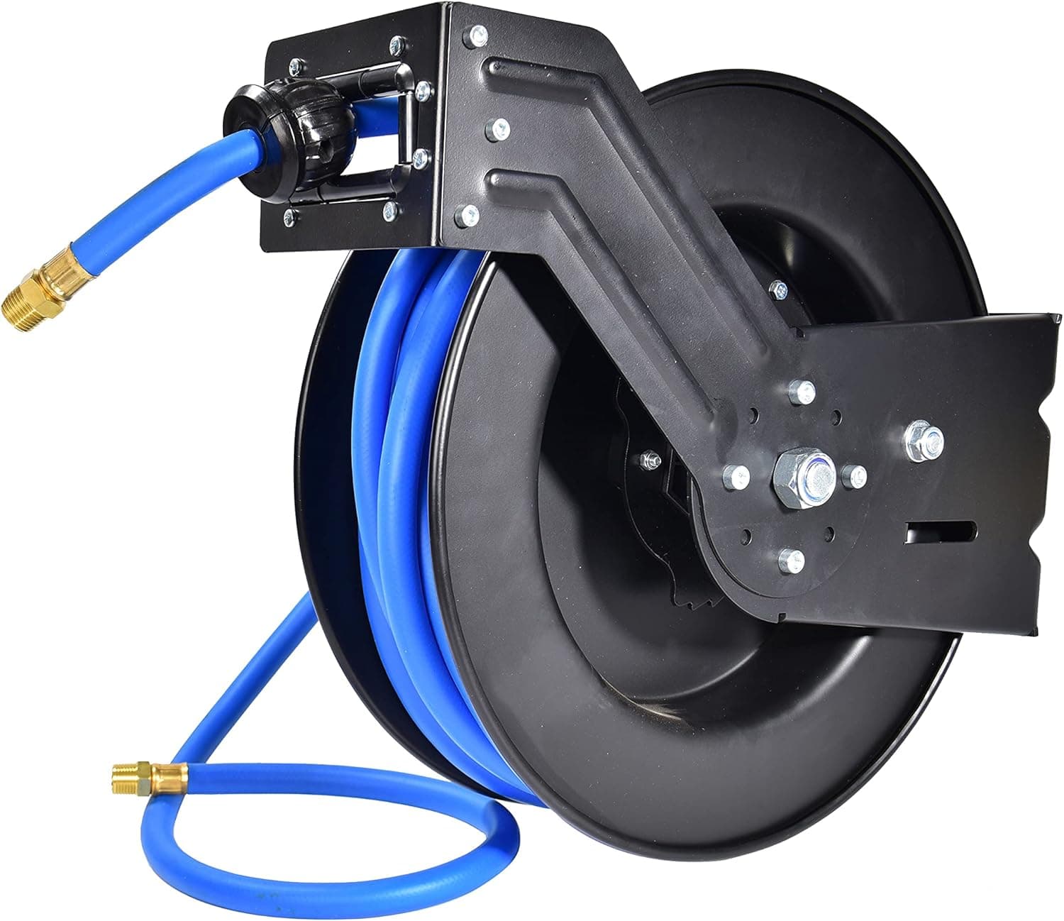 Retractable Air Hose Reel With 3/8 Inch x 50 Ft, Heavy Duty Steel Hose Reel Auto Rewind Pneumatic, Industrial Grade Rubber Hose, Black
