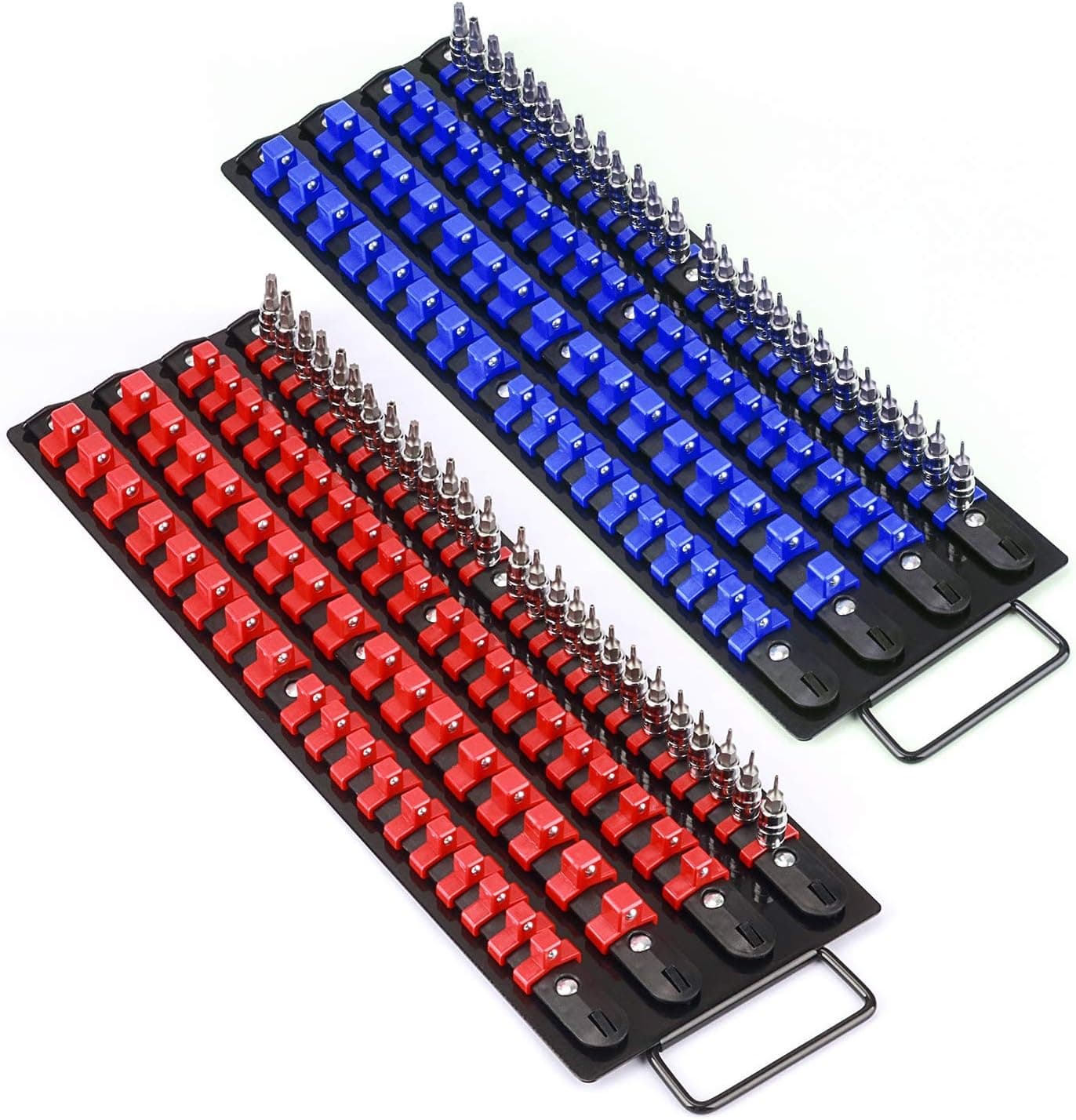 Mayouko 80-Piece Portable Socket Organizer Tray, 2 Pcs Set, Blue and Red, 1/4, 3/8, 1/2 Inch
