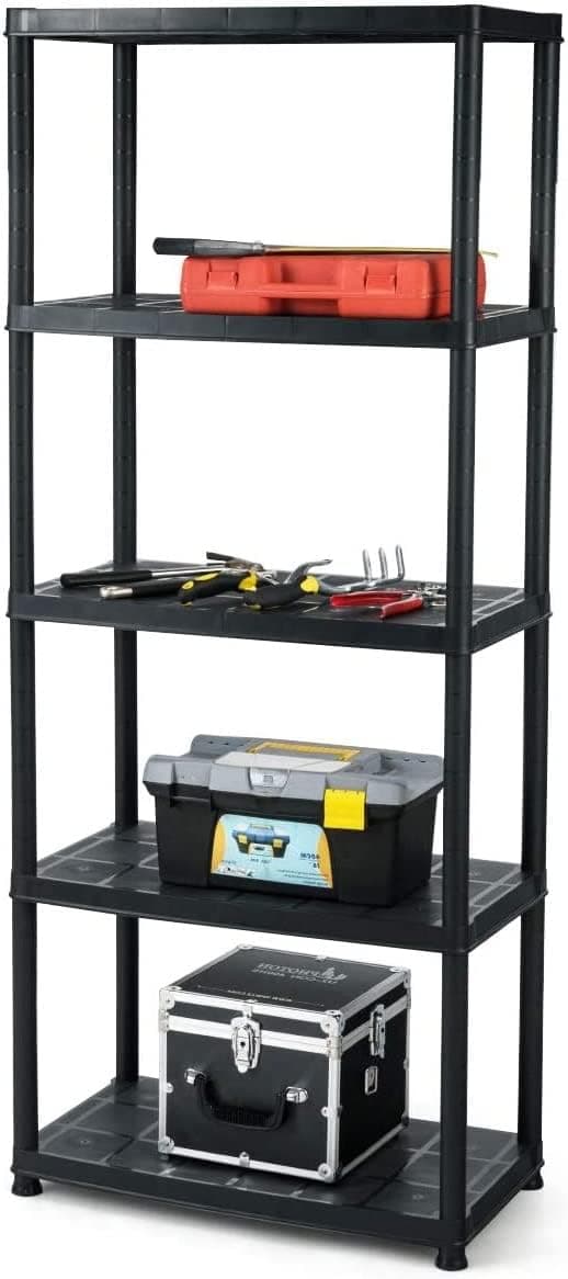 LDAILY 5 Tier Plastic Storage Shelves, Easy to Assemble Garage Rack, Multi-Use Free Standing Shelf Unit, Heavy Duty Shelving, Black, 36"L x 18"W x 73"H