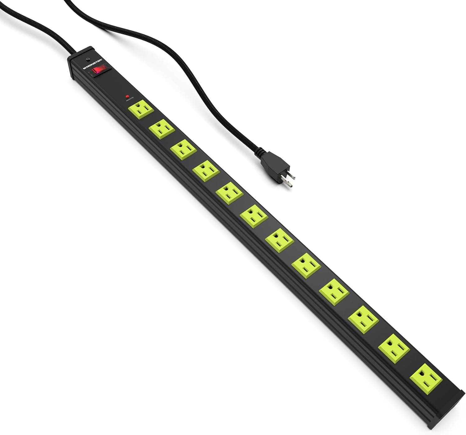 Monster Workshop Heavy-Duty Garage Power Strip Surge Protector - Mountable Heavy-Duty Wide-Spaced 7 Grounded AC Outlets with 4ft Angled Flat Plug - 1200 Joules - ETL Listed
