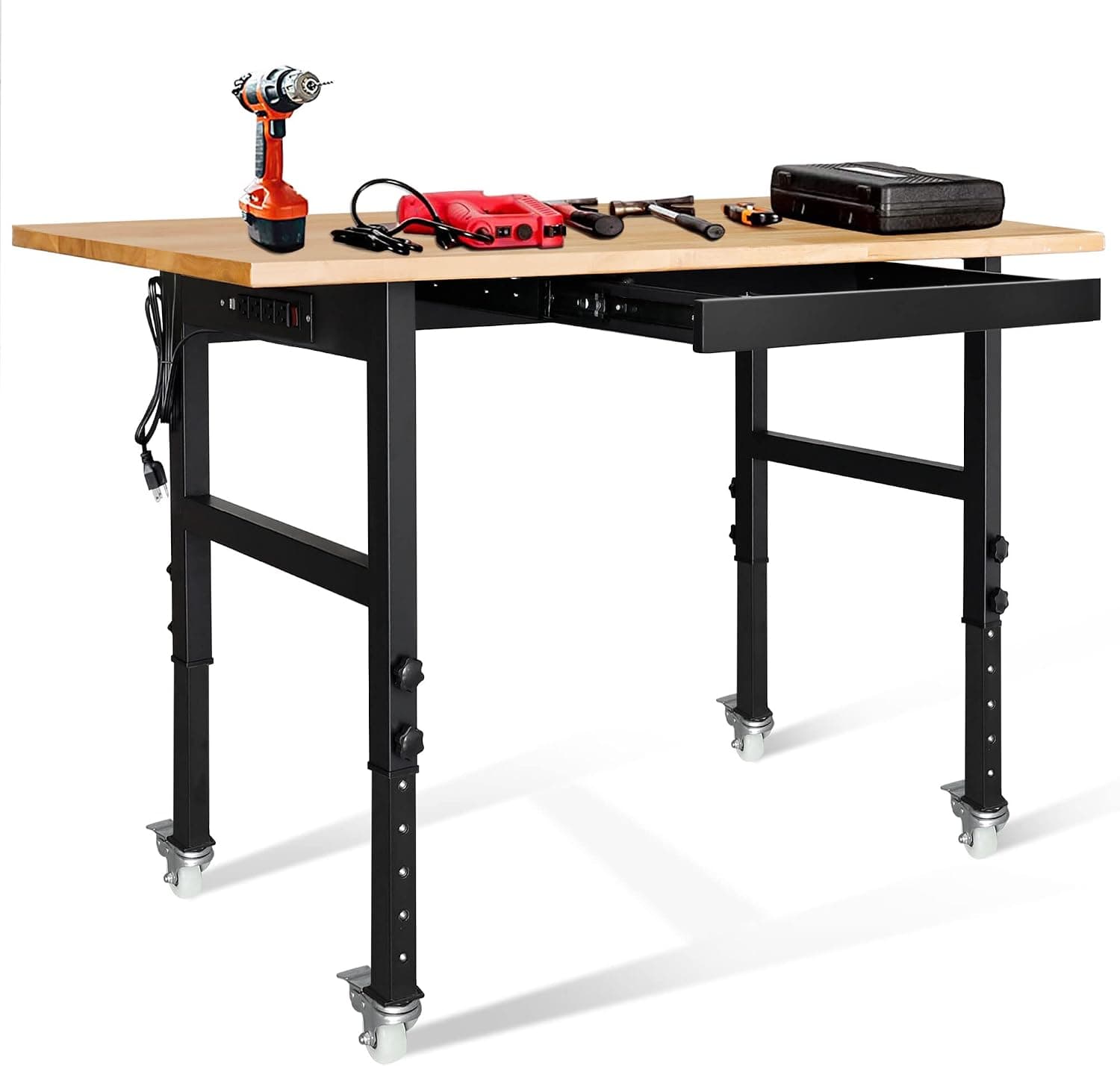 59" Bamboo Wood Garage Workbench w/Power Outlets & Drawer, Adjustable Height 25.4"-35.2", Multifunctional Workstation on Wheels, 2000 Lbs Commercial Steel Work Table