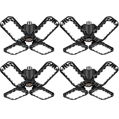 Tudoccy LED Garage Light 4 Pack, 120W Ultra Bright LED Shop Light with 4 Adjustable Panels, 18000LM E26/E27 Base Deformable Ceiling Fixtures for Garage, Workshop, Attic, Basement, Barn (Black-4 Pack)