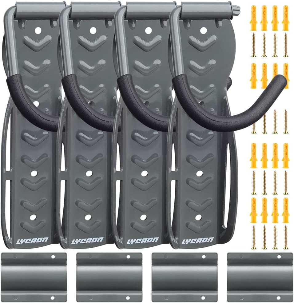 LYCAON Bike Rack for Garage - Bicycle Wall Mount Hanger Hooks Indoor Vertical Storage System Holds up to 68lb with Screws (4)