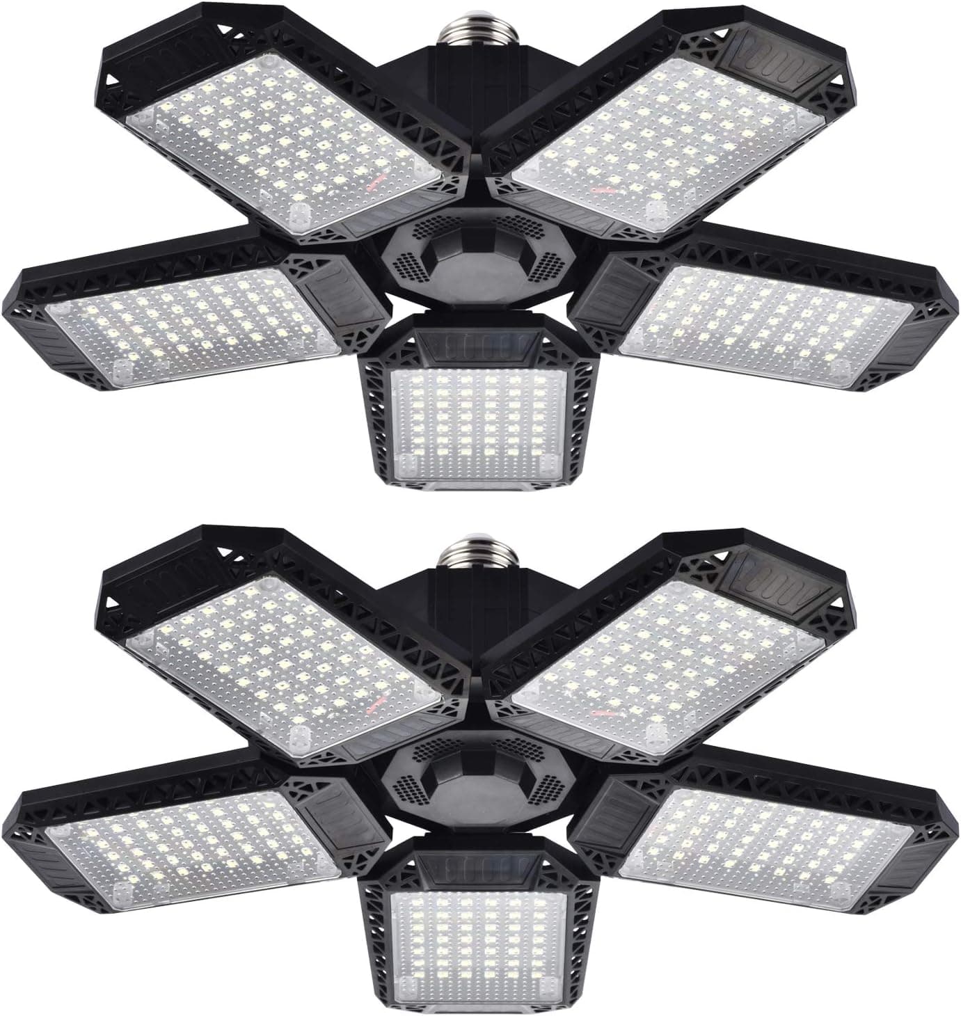 Mefflypee LED Garage Lights, 120W Deformable LED Garage Ceiling Light with 5 Adjustable Panels, 12000LM E26 Shop Lamp for Basement, Barn, High Bay, Store (2 Pack)