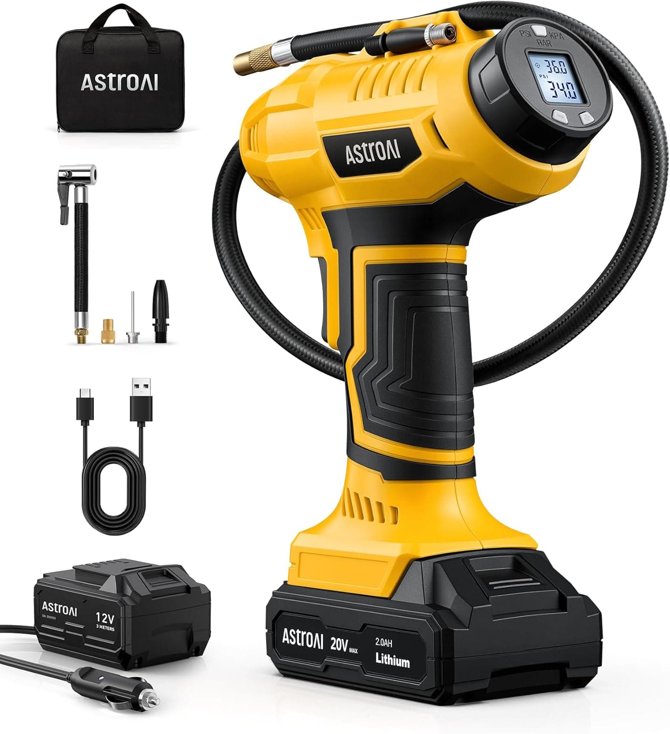 AstroAI Cordless Tire Inflator Portable Air Compressor Fast Inflation 160 PSI Air Pump 20V Rechargeable Battery Powered with 12V DC Adapter