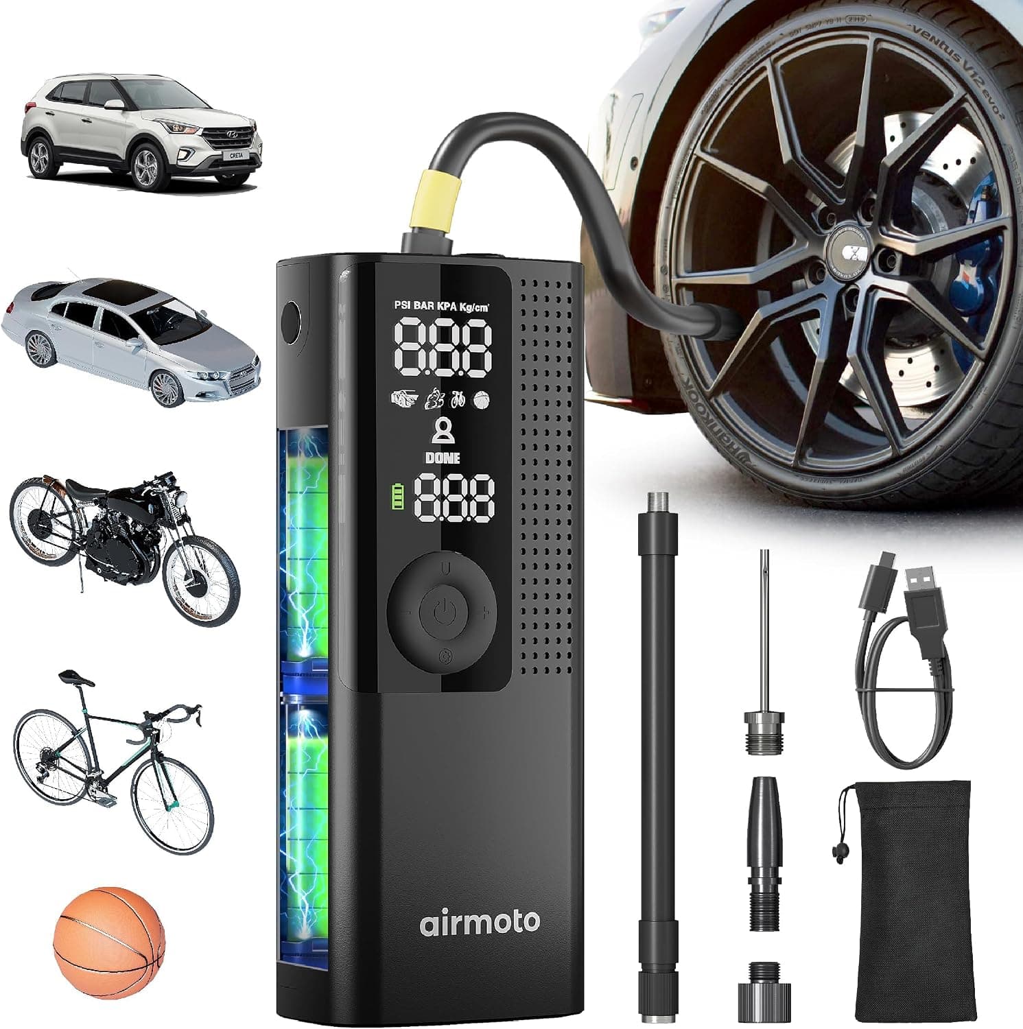 Airmoto Tire Inflator Portable Air Compressor for Cars, Bikes and Bicycles | Cordless Air Pump With Digital Pressure Gauge, Bright LED & Auto Shut-Off