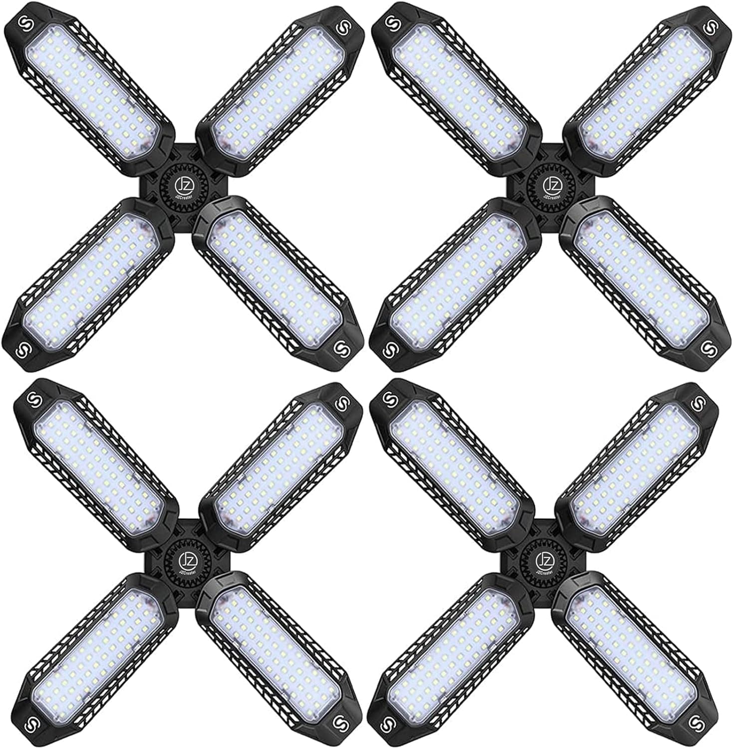 JZCreater 4 Pack LED Garage Lights, 12000LM Ultra Bright LED Shop Light with 4 Adjustable Panels, 80W Deformable Garage Ceiling Lights E26 Basement, Barn, High Bay
