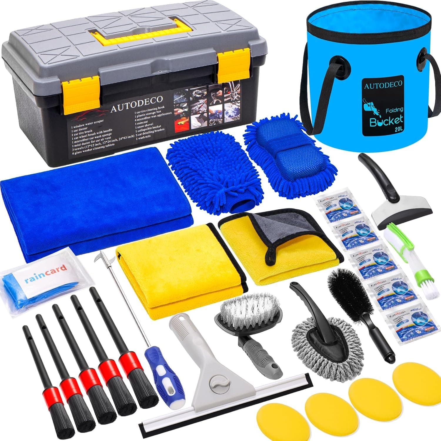 AUTODECO 30Pcs Car Wash Cleaning Kit, Car Detailing Set with Collapsible Bucket