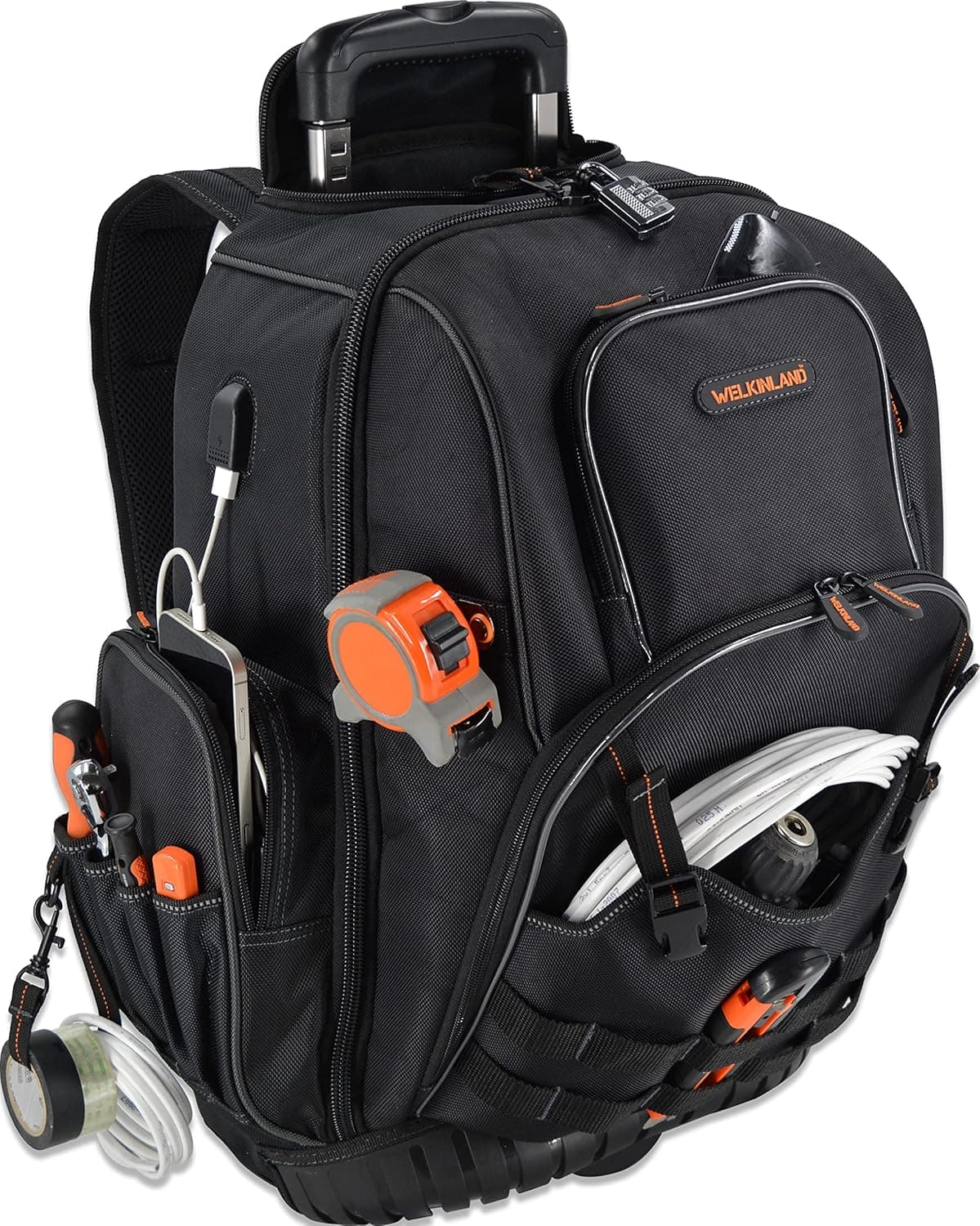 WELKINLAND 72 Pockets Rolling Tool Backpack, Large Tool Bag with Wheels, Rolling Electrician Bag