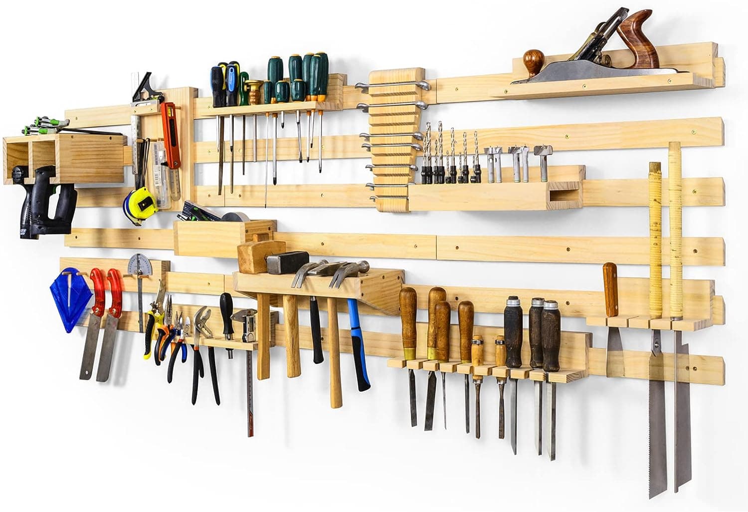 ikkle Wooden French Cleat Tools Storage Pine Pegboard Power Tool Organizer, Garage Workbench Screwdriver Organization Panel Set, Removable Wall Rack