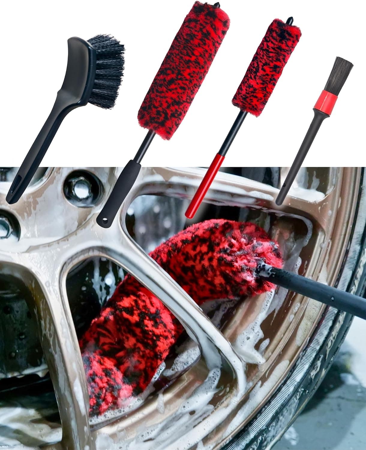 oesee Professional 4 Pack Long Handle Wheel Brush Kit for Cleaning Wheel and Tire