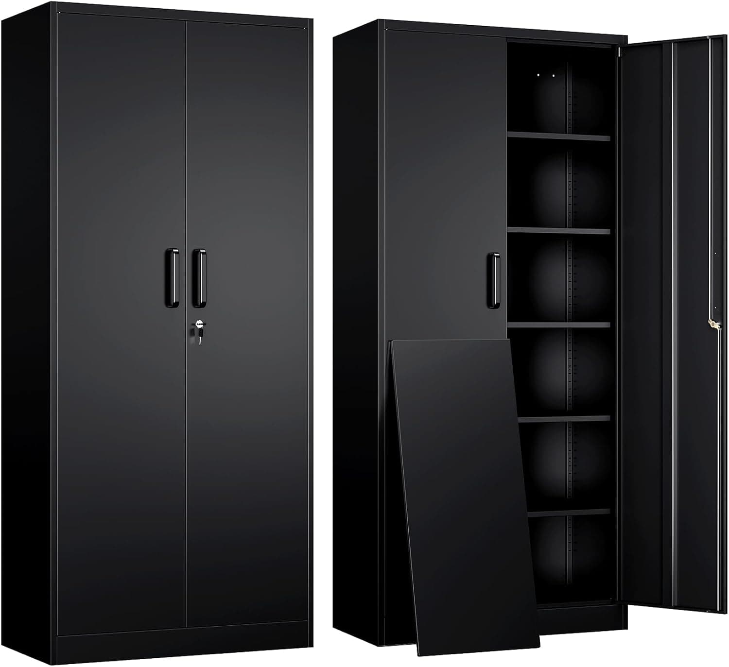 Yizosh Metal Garage Storage Cabinet with 2 Doors and 5 Adjustable Shelves, 71" Steel Lockable, Black