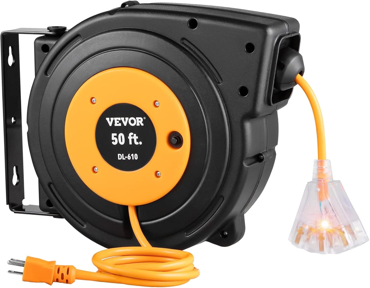VEVOR Retractable Extension Cord Reel, 50 FT Heavy Duty 14AWG/3C SJTOW, Lighted Triple Tap Outlet, 13 Amp Circuit Breaker, 180 Swivel Bracket for Ceiling or Wall Mount