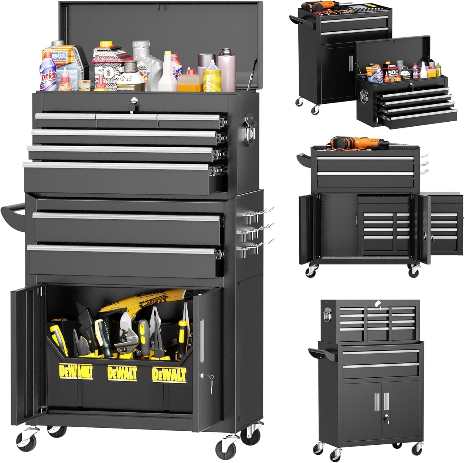 INTERGREAT Rolling Tool Chest with Wheels and 8 Drawers, Detachable Large Tool Cabinet with Lock for Garage, Locking Mechanic Tool Cart with Black Liner