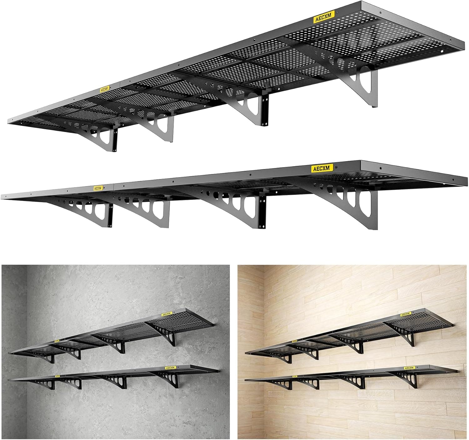 Aecxm 4-Pack 1.64x4ft Adjustable Garage Wall Shelving 1120lbs Load Capacity Heavy Duty Wall Mounted Storage Shelf Metal Floating Shelves for Garage (Black)