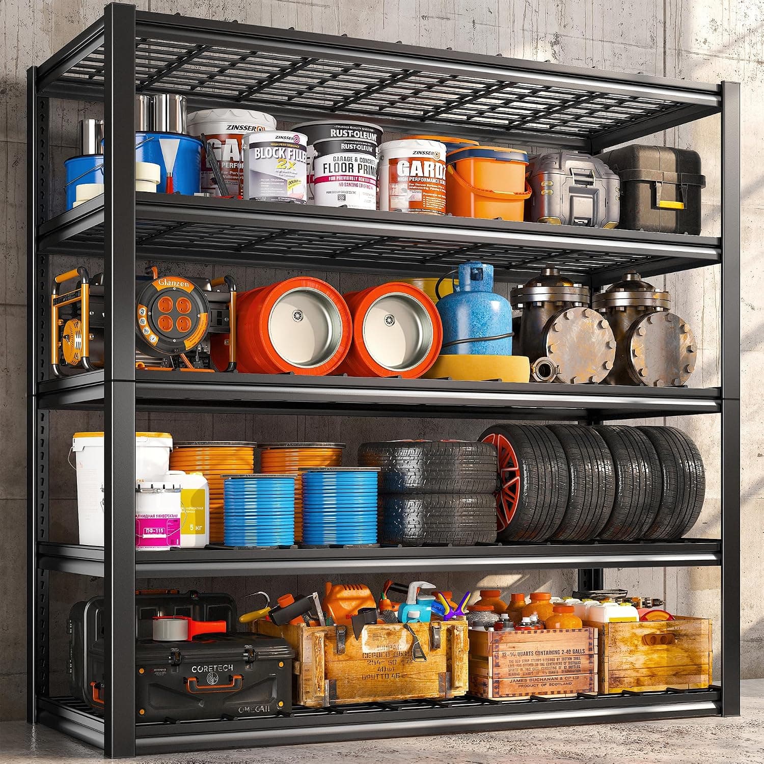 REIBII 40"W Garage Shelving Heavy Duty Storage Shelves 2500LBS 5-Tier Adjustable Metal 72"H x 40"W x 18"D