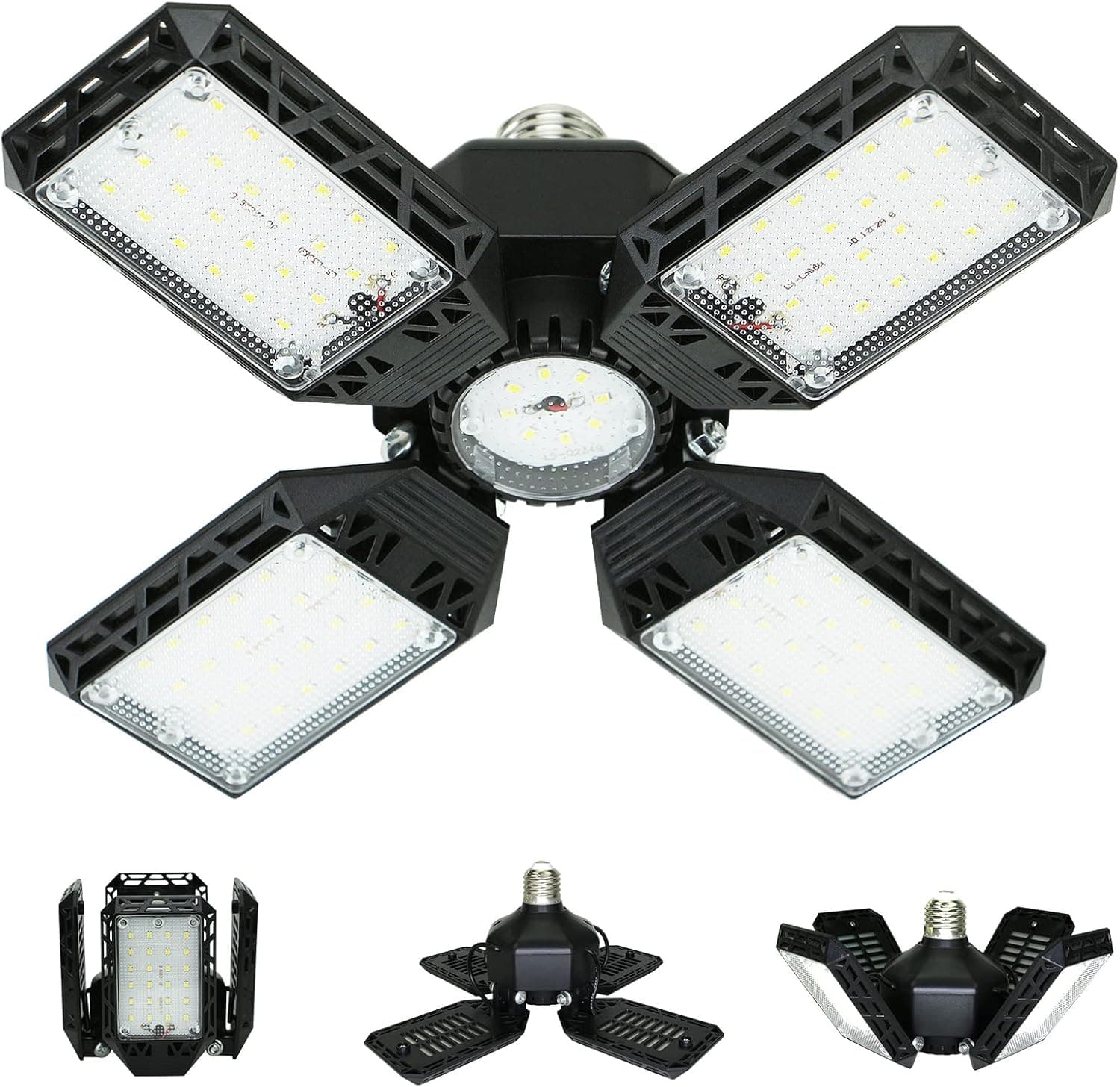 QiyuanLS LED Garage Light, 150W Deformable Garage Ceiling Lights, 15000LM, 4 Adjustable Panels, E26/E27 Shop Lights for Basement, Barn, Workshop, High Bay Light