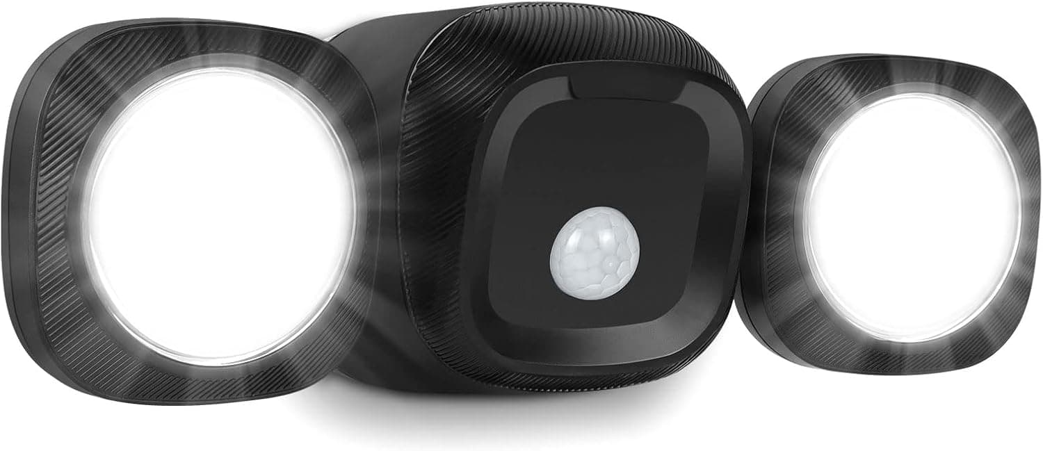 Battery-Operated Motion Sensor Lights Outdoor/Indoor, Wireless LED Flood Lights, 5500K, IP65 Waterproof Dual Head Spotlight
