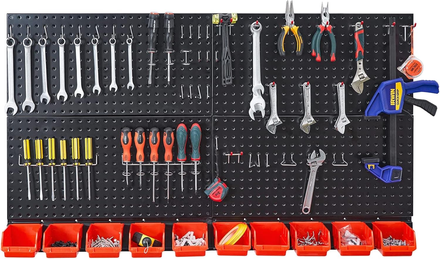 Ultrawall Pegboard Wall Organizer, Black Metal Panels, Garage Storage System with Hooks and Bins, 59pcs