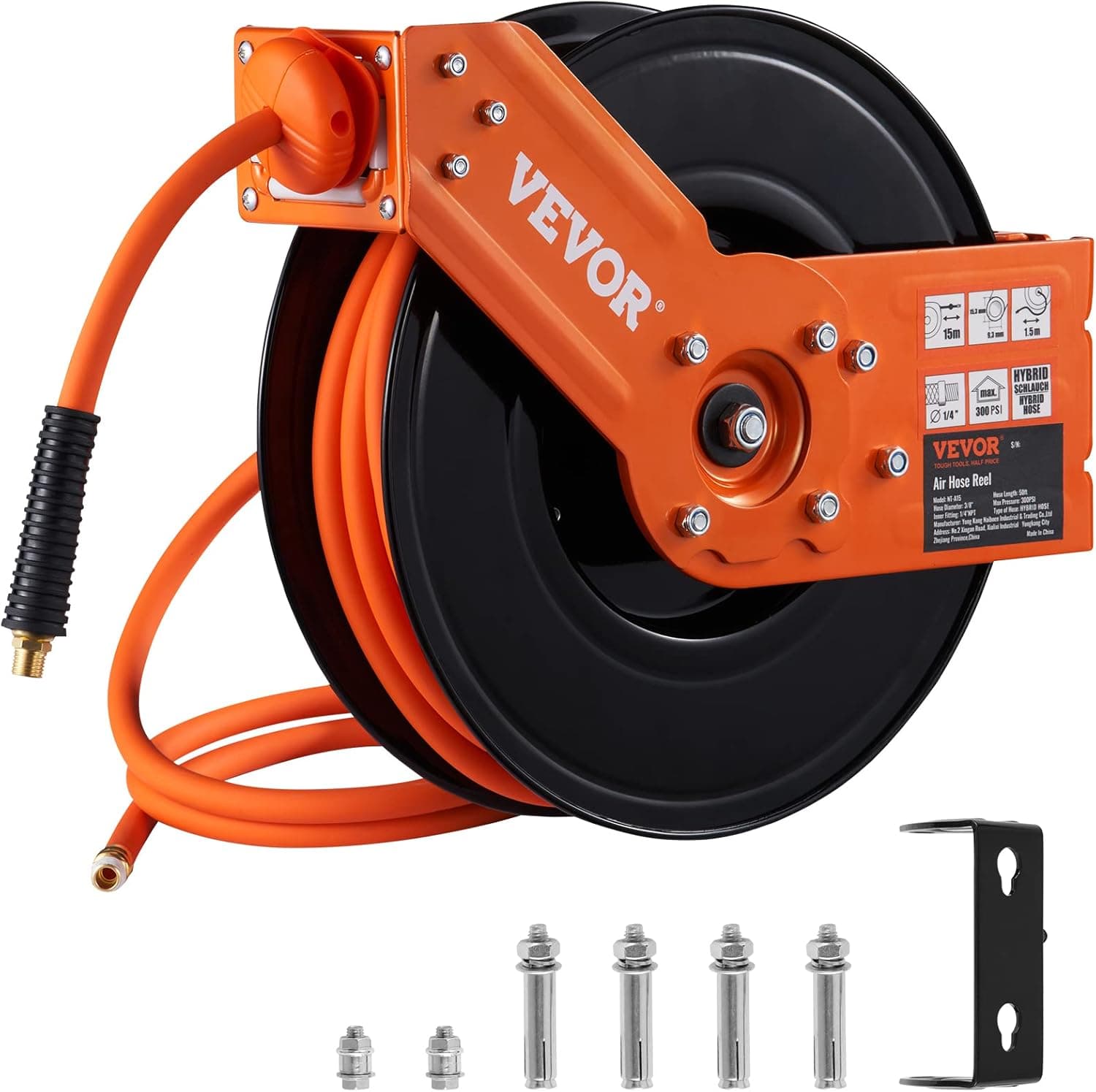 VEVOR Retractable Air Hose Reel 3/8 IN x 50 FT Hybrid Air Hose Max 300PSI, Ceiling/Wall Mount, Single Arm, Heavy Duty Steel