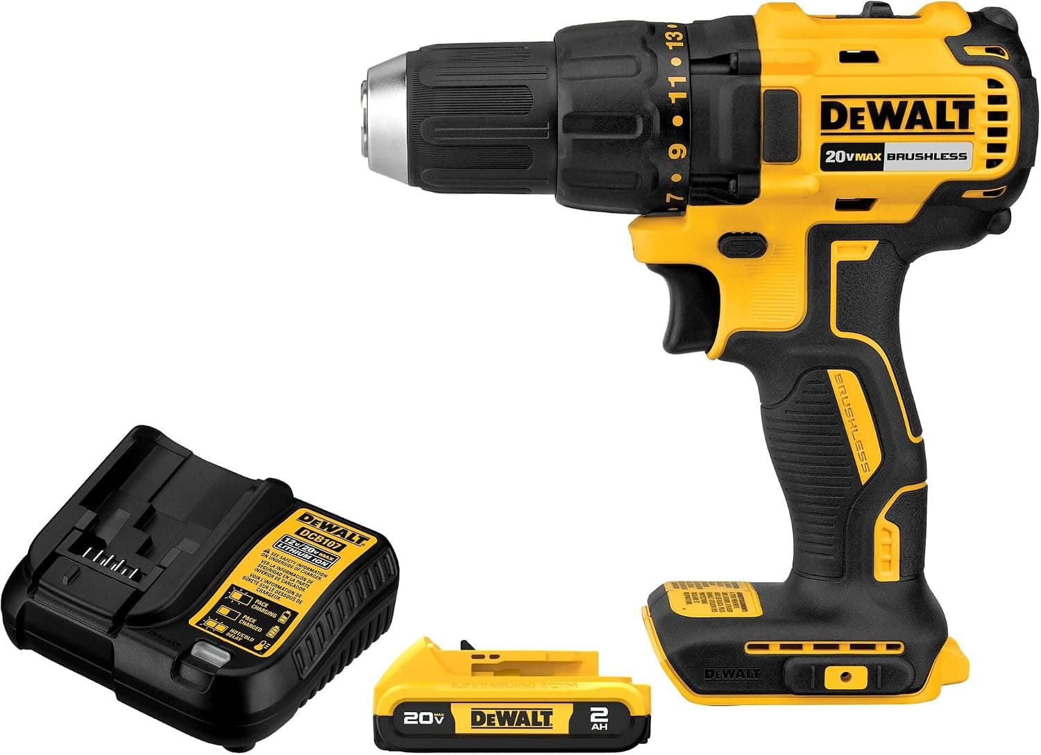 DEWALT 20V MAX Cordless Drill Driver Set, Brushless 1/2 In 2 Speed, 2.0 Ah Battery and Charger Included, LED Light (DCD777D1)