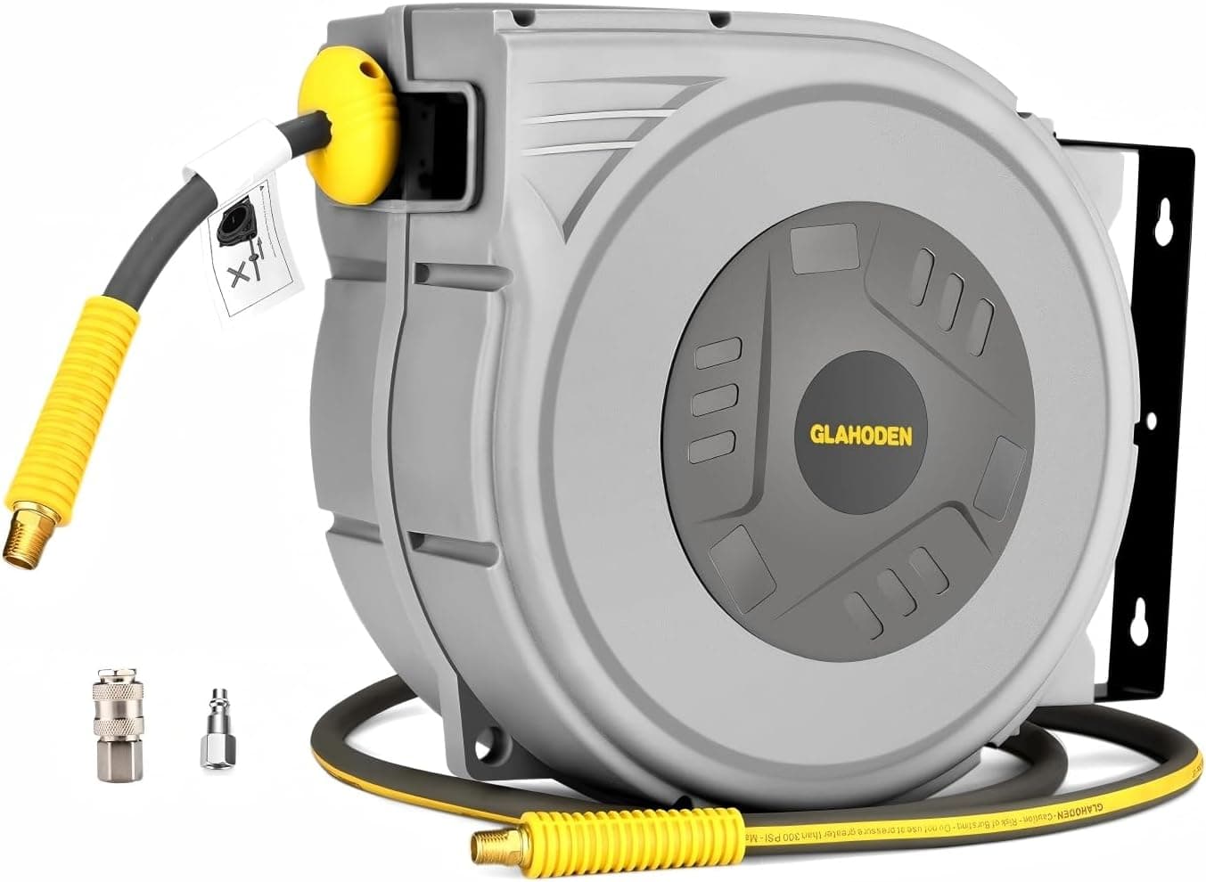 GLAHODEN Enclosed Retractable Air Hose Reel, 3/8 in x 65 Ft Hybrid Hose Max 300 PSI, 180 Swivel Bracket, Quick Coupler