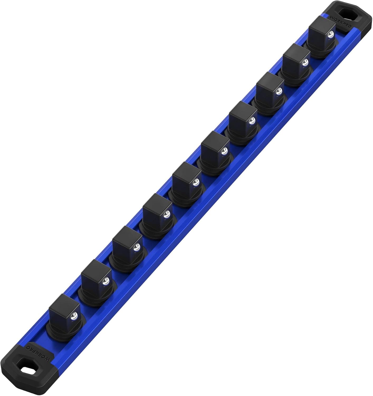 WORKPRO Magnetic Socket Organizer, 3/8-Inch Drive Aluminum Alloy Socket Rail, 10 Clips (Blue)