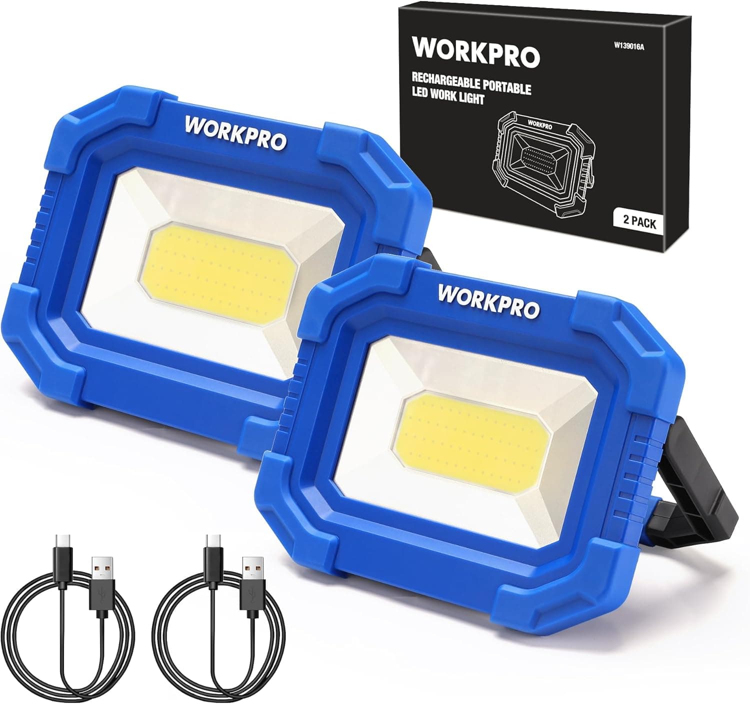 WORKPRO LED Work Light, Rechargeable Magnetic Work Lights with Stand, Portable 2000LM COB Flood Light, 4 Modes, 2 Pack