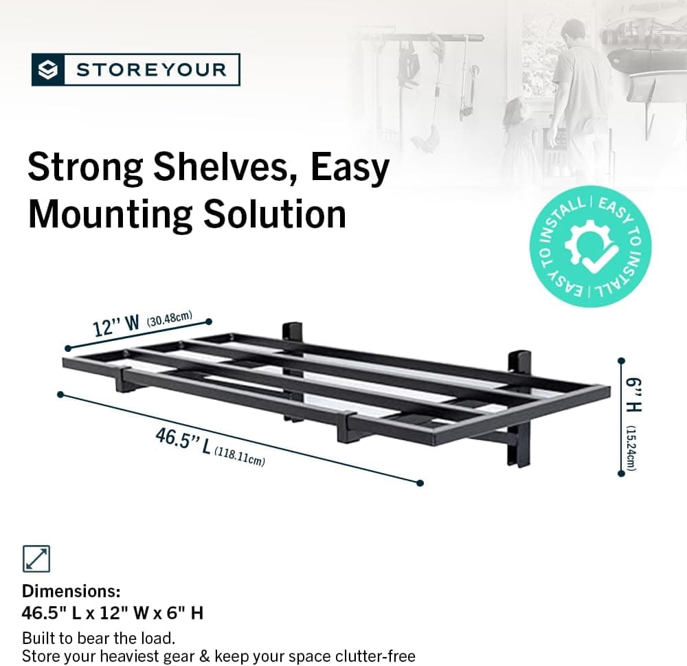 StoreYourBoard Garage Shelving Wall Mounted, 1x4 Heavy Duty Garage Wall Shelves 2-Pack, 12in Deep x 46.5in Long, Steel Wall Shelf Garage Storage Rack with Hooks, 400 lb Total, Black