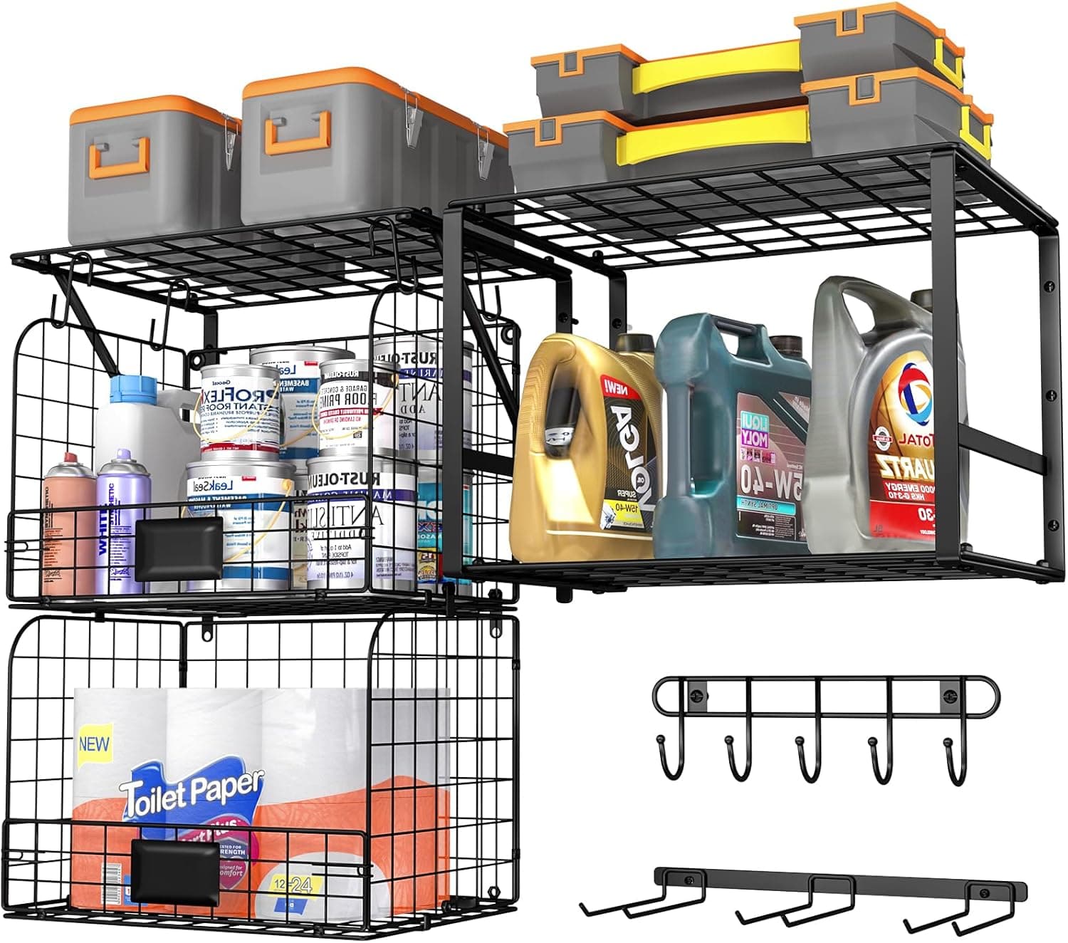 ThreeHio Garage Shelf Wall Mounted with Wire Baskets, Heavy Duty Garage Wall Shelving with Garden Tool Rack and Hooks, Wire Shelf Baskets Tool Organizer