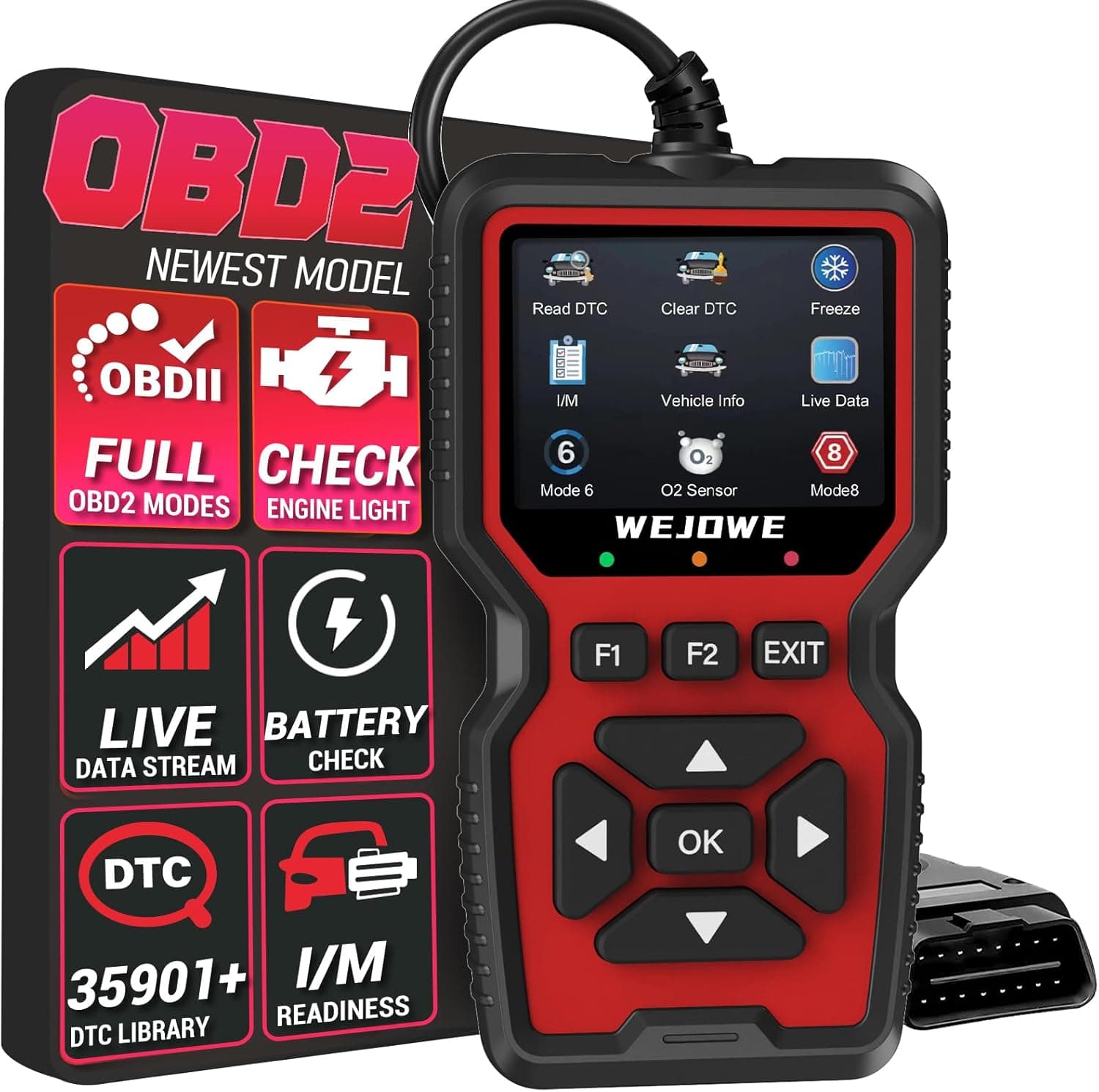 WEJOWE Upgraded OBD2 Scanner Diagnostic Tool, I/M Readiness Battery Test Mode 6/8, Check Engine Light Car Code Reader and Reset Tool, 50,000+ DTCs lookup Live Data Stream