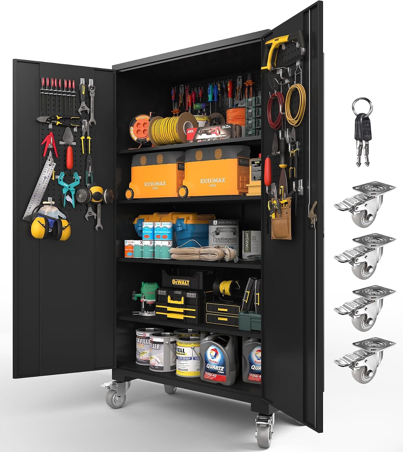Upgraded Tall & Wide Metal Storage Cabinet with Doors & 4 Adjustable Shelves, Lockable with Wheels & Pegboard, Black
