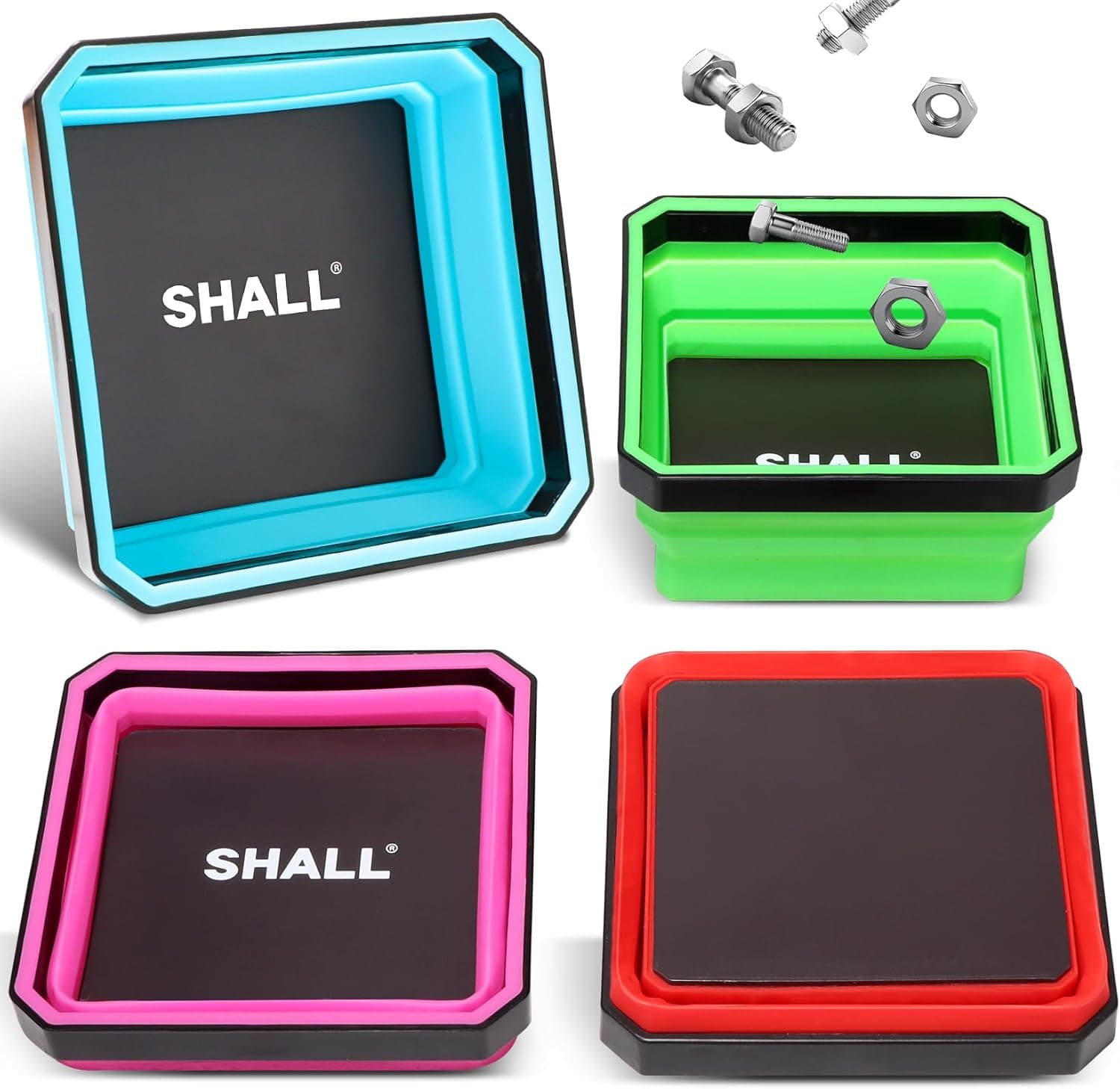 SHALL New Version Collapsible Magnetic Parts Tray Set, 4-Pack Magnetic Tool Trays for Screw Bolts Nuts Washers Pins & Small Metal Parts, 4.5" Square Silicone Foldable Bowls w/Dual-Sided Magnetic Base