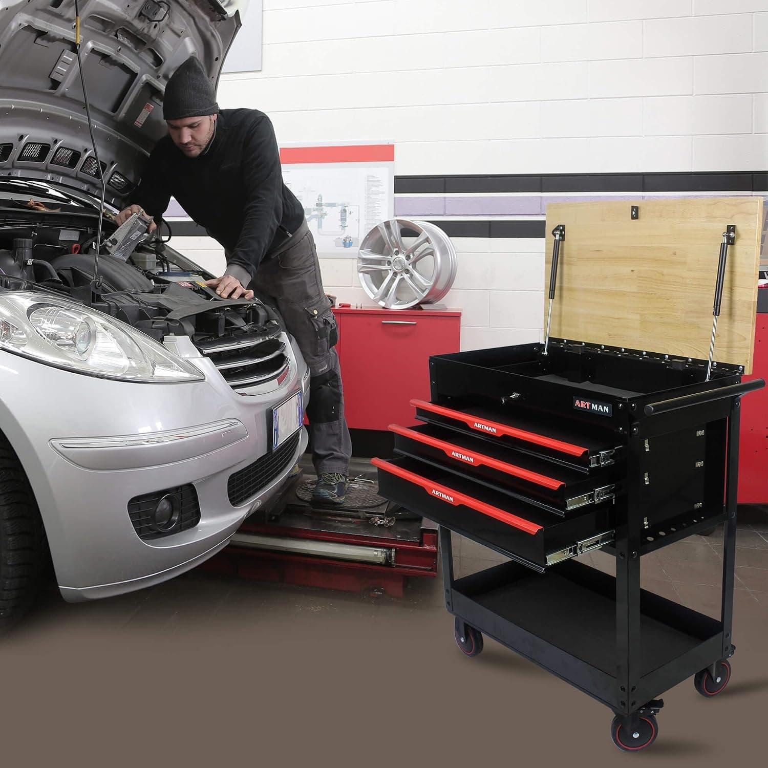 Tool Chest with Drawers and Wooden Top Workbench, Rolling Tool Cart On Wheels, 3 Drawers Multifunctional